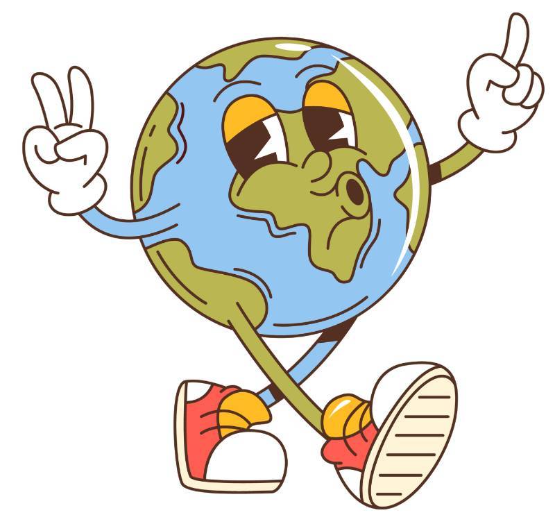 Globe cartoon with shoes and gloves on walking and giving the peace sign 