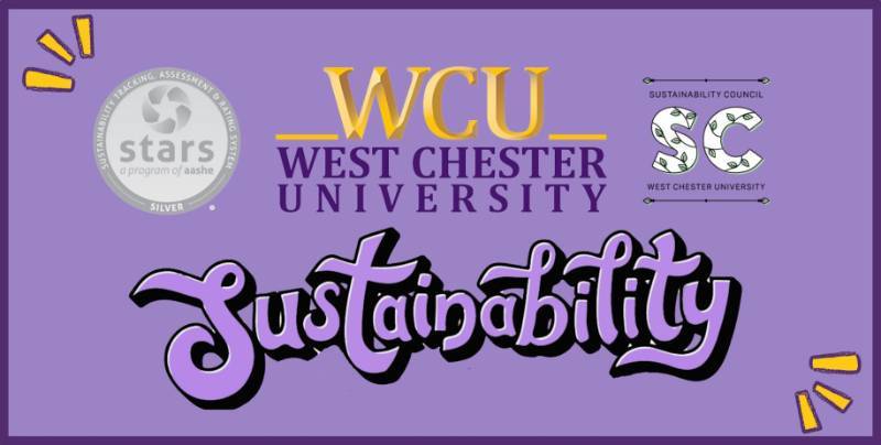 Heading titled: West Chester University, below it is 'Sustainability' in graffiti font, and then there is the Silver STARS Ranking coin to the left of the text and the 'Sustainability Council at West Chester university' logo to the rightl. It has a purple background and mostly purple and black text. 