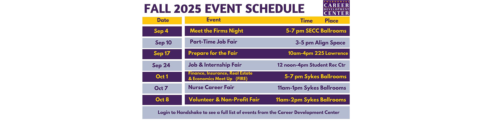 Fall 2025 Event Schedule: Sept 4 - Meet the Firms Night, 5-7pm SECC Ballrooms; Sep 10 - Part-Time Job Fair, 3-5pm Align Space; Sep 17 - Prepare for the Fair, 10am-4pm 225 Lawrence; Sep 24 - Job & Internship Fair, 12noon-4pm Student Rec Ctr; Oct 1 - Finance, Insurance, Real Estate & Economics Meet Up (FIRE), 5-7pm Sykes Ballrooms; Oct 7 - Nurse Career Fair, 11am-1pm Sykes Ballrooms; Oct 8 - Volunteer & Non-Profit Fair, 11am-2pm Sykes Ballrooms; Login to Handshake to see a full list of events from the Career Development Center