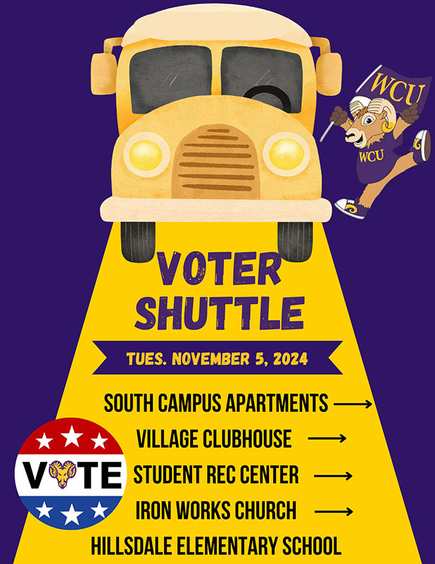 Voter Shuttle Tues. November 5, 2024. South Campus Apartments, Village Clubhouse, Student Rec Center, Iron Works Church, Hillsdale Elementary School