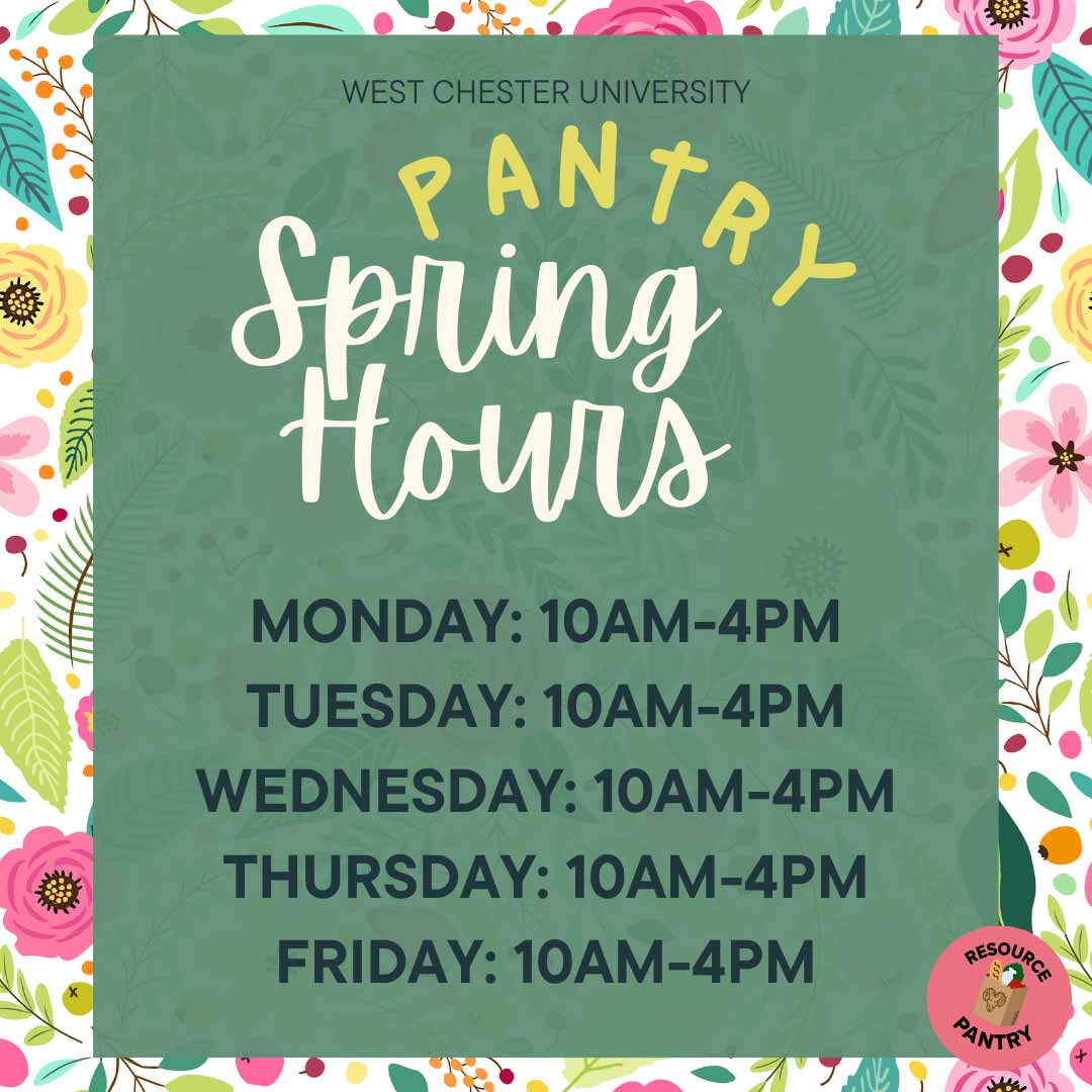 Resource Pantry Spring Hours: MONDAY: 10AM-4PM TUESDAY: 10AM-4PM WEDNESDAY: 10AM-4PM THURSDAY: 10AM-4PM FRIDAY: 10AM-4PM