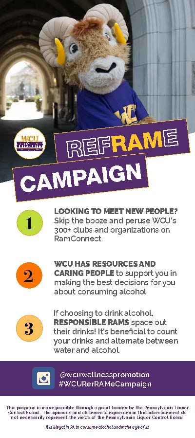 Looking to meet new people? Skip the booze and peruse WCU's 300+ clubs and organizations on RamConnect. WCU has resources and caring people to support you in making the best decisiosn for you about consuming alcohol. If choosing to drink alcohol, responsible Rams space out their drinks. It's beneficial to count your drinks and alternate between water and alcohol.