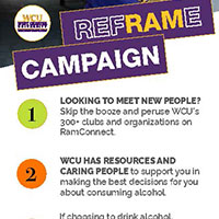 Looking to meet new people? Skip the booze and peruse WCU's 300+ clubs and organizations on RamConnect. WCU has resources and caring people to support you in making the best decisiosn for you about consuming alcohol. If choosing to drink alcohol, responsible Rams space out their drinks. It's beneficial to count your drinks and alternate between water and alcohol.