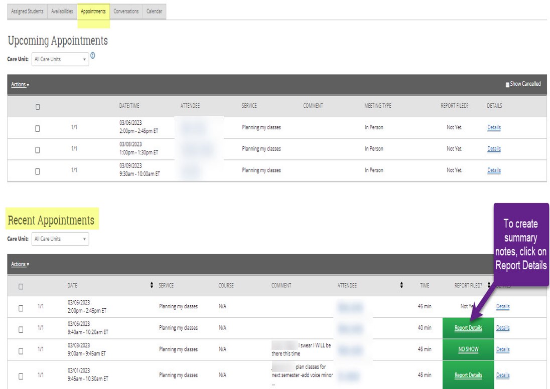 AS Screenshot with 'appointments' highlighted, recent appointments highlighted, text: to create summary notes, click on report details. Arrow from this text is pointing to 'report details' in the 'report filed' column