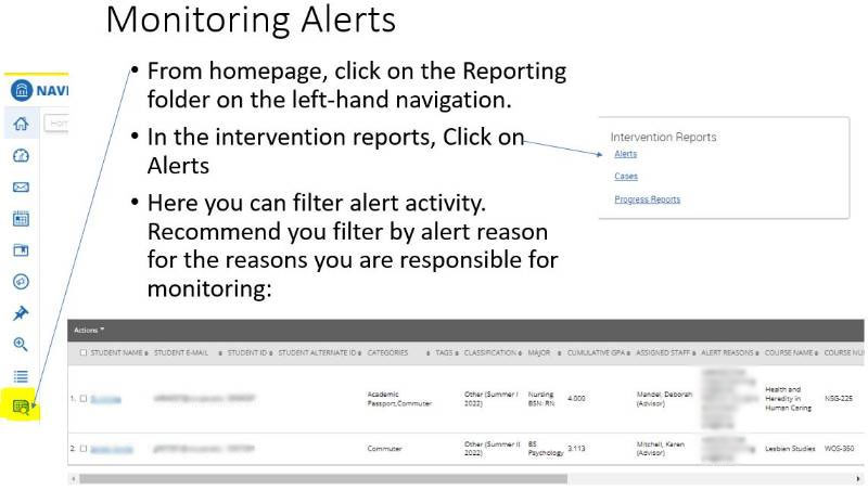 Monitoring Alerts - From homepage, click on the Reporting folder on the left-hand navigation. In the intervention reports, Click on Alerts. Here you can filter alert activity. Recommended you filter by alert reason for the reasons you are responsible for monitoring: