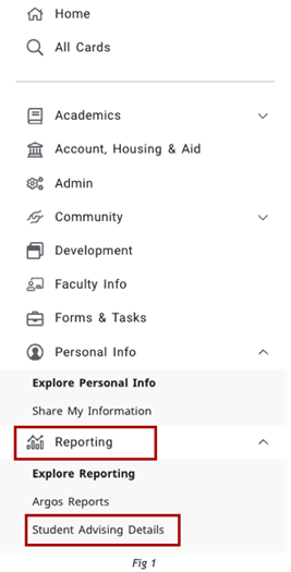 Screenshot of menu with highlighted items Reporting and Student advising details