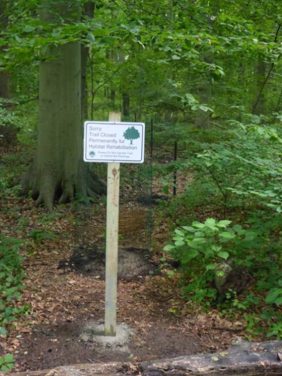 The 'Trail Closed' sign that was placed at the beginning of one of the decommissioned trails.