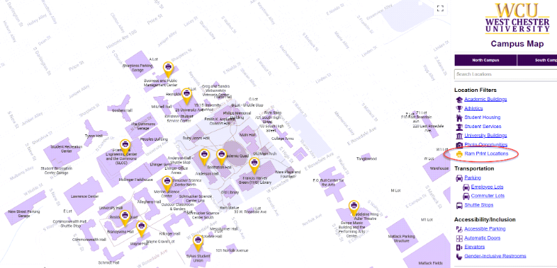 RamPrint Locations on Campus Map