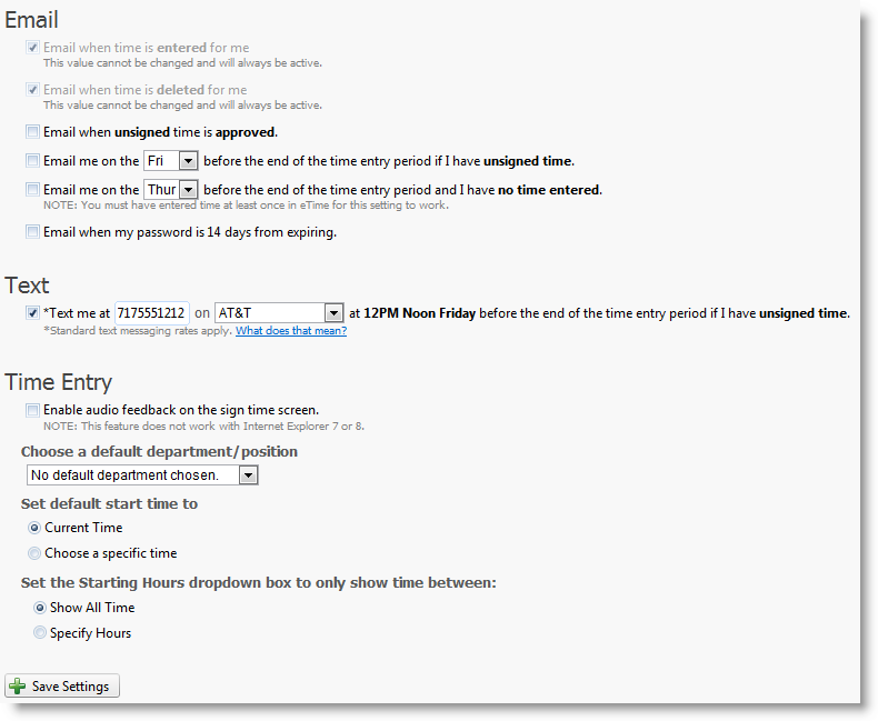 Setting Options includes various options such as: what circumstances will send an email (time entered, time deleted, approved, reminders, etc.). Also includes text options (phone number and wireless provider information needed). Also includes options for time entry such as audio feedback or default values. Save button is located at the bottom of this screen.