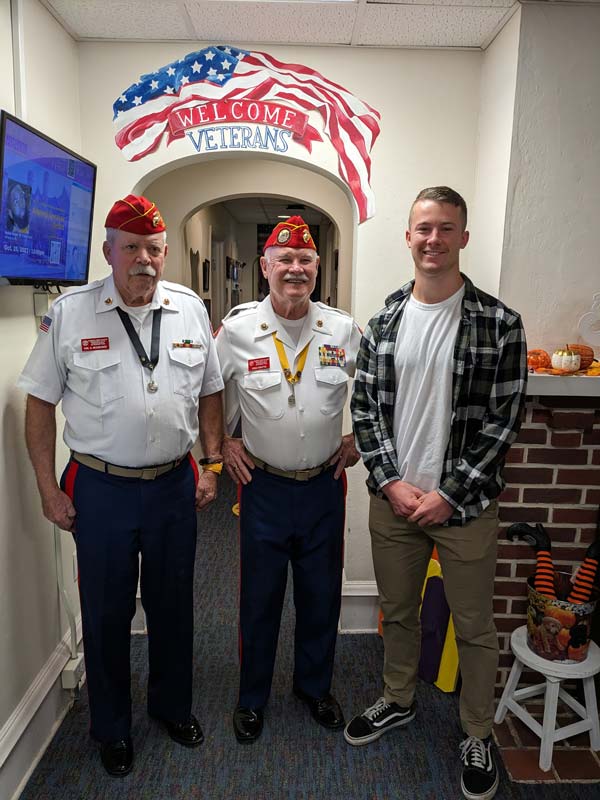 Pictured Left to Right: Colonel Messikomer USMC (Ret), Veteran Marine Sgt. Doug Forsythe, Student Veteran Patrick Jones USMCR.